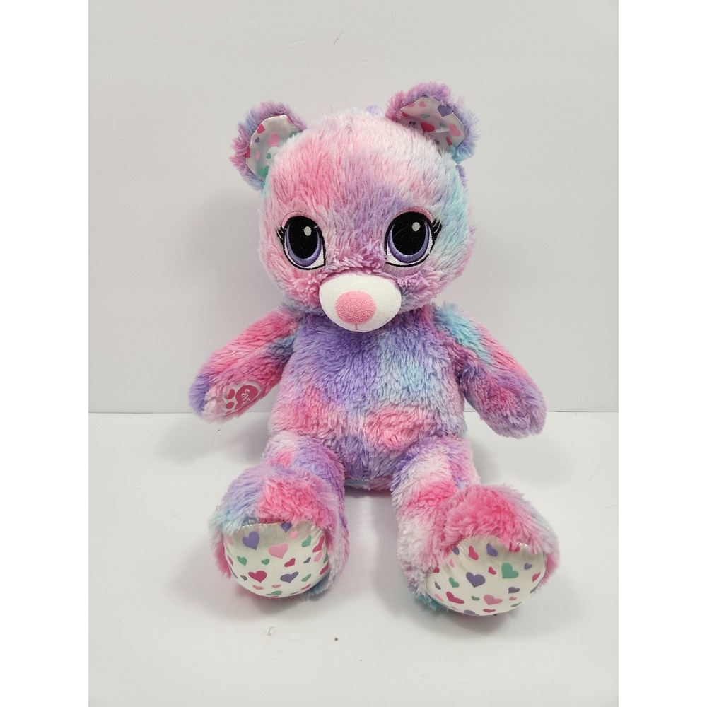 BUILD A BEAR Plush Tie Dye Rainbow Pastel Hearts Big Eyes Teddy Bear‎ 17" tall